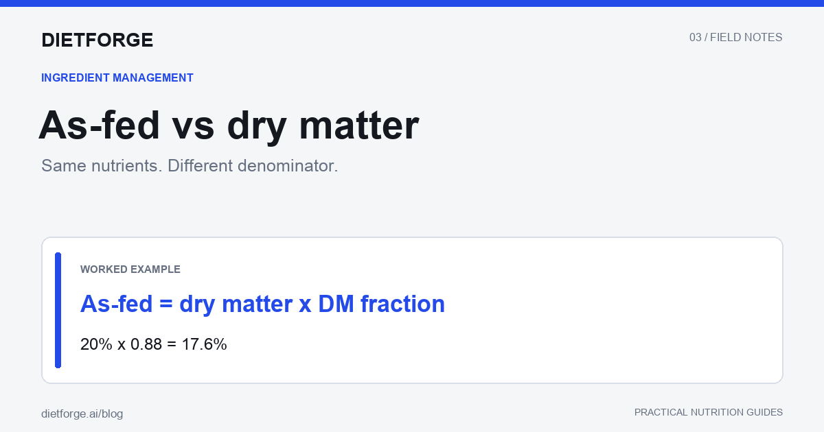 As-fed vs dry matter: As-fed = dry matter x DM fraction. 20% x 0.88 = 17.6%.