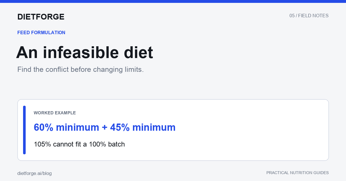 An infeasible diet: 60% minimum + 45% minimum. 105% cannot fit a 100% batch.